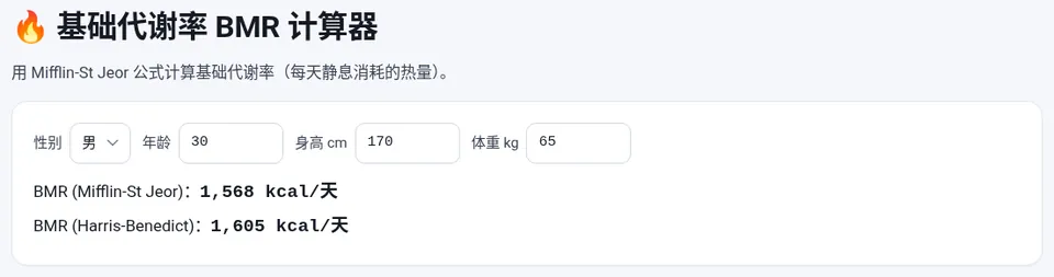 30 岁男性、身高 170 cm、体重 65 kg:BMR 约 1568 kcal/天(Mifflin-St Jeor),Harris-Benedict 公式约 1605 kcal/天