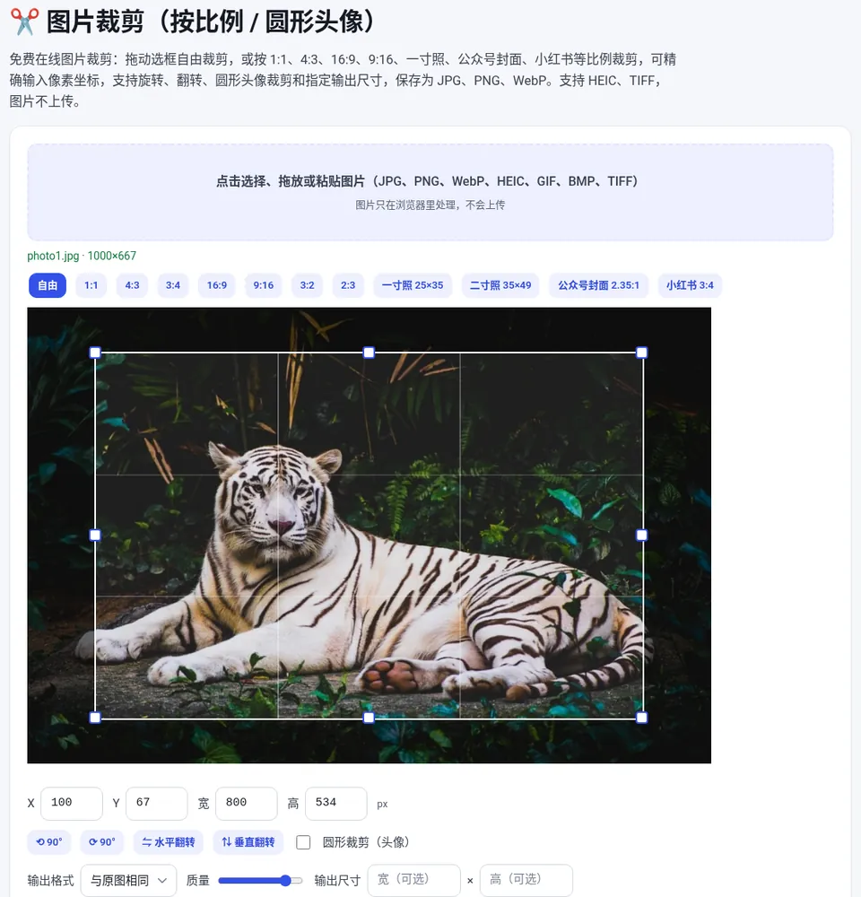 选择比例后拖动选框,下方可输入 X、Y、宽、高精确调整