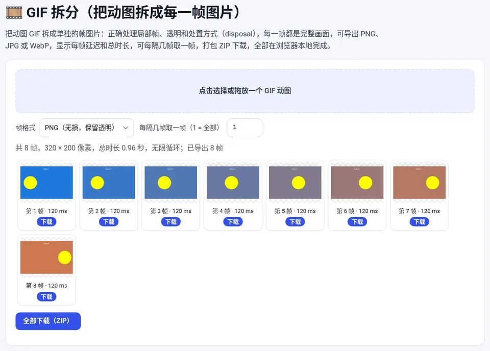 8 帧动图拆分结果：每帧 120 ms，总时长 0.96 秒
