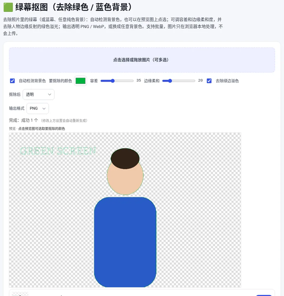 自动检测到绿色背景,抠除后显示为透明(棋盘格),可调容差和边缘柔和