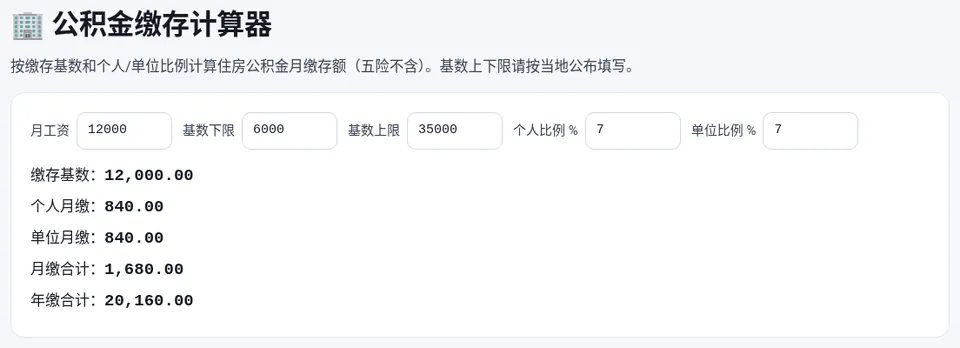 月工资 12000 元、比例 7%:个人和单位各缴 840 元,月缴合计 1680 元