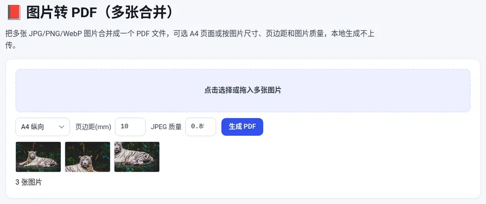 选择多张图片后设置页面大小、页边距和质量,点“生成 PDF”