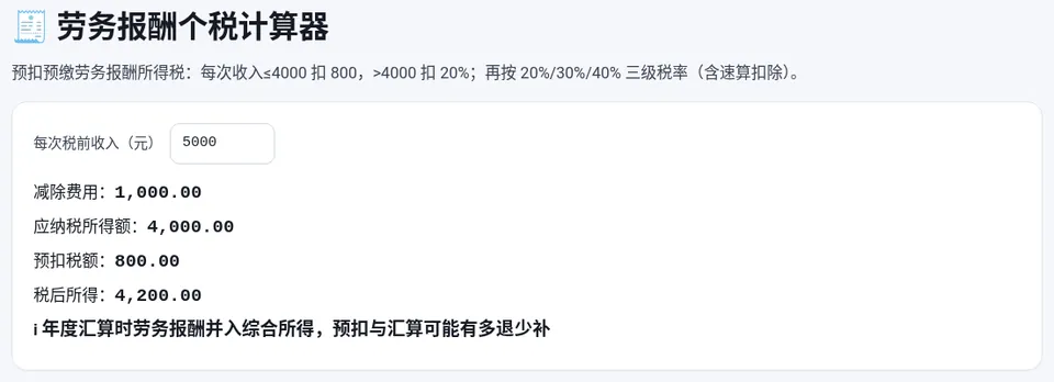 一次劳务报酬 5000 元：减除 1000 元，应纳税所得额 4000 元，预扣 800 元，税后 4200 元