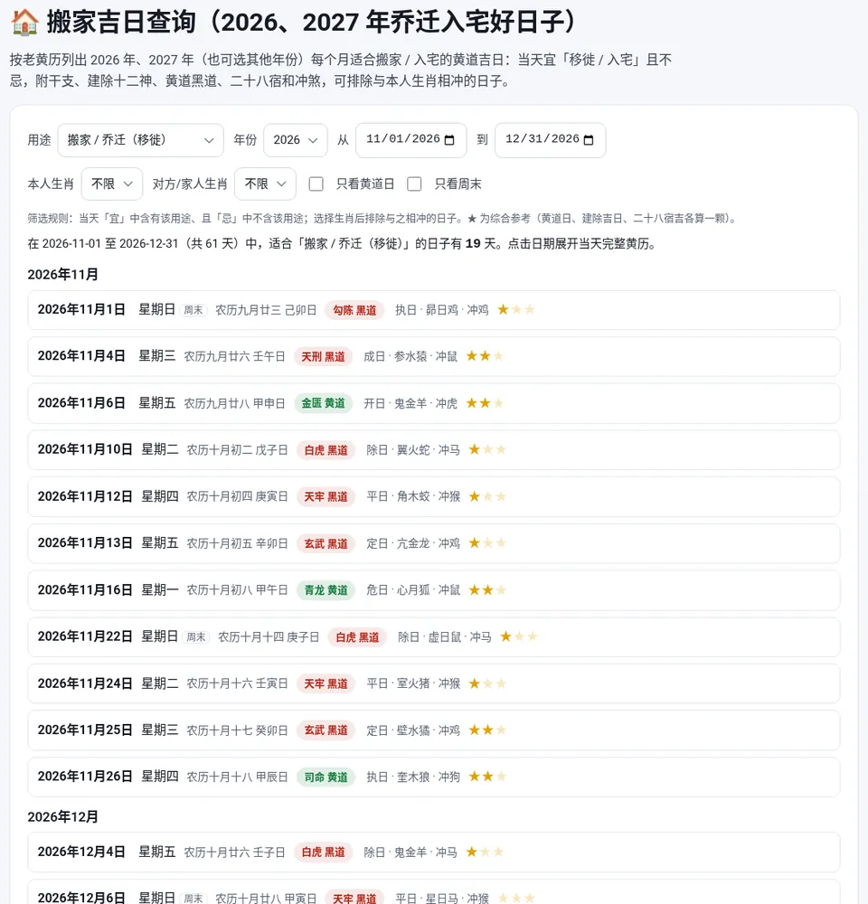 2026 年 11–12 月中,宜“移徙”的日子共 19 天(仅供娱乐)