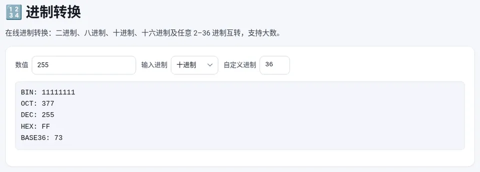 十进制 255:二进制 11111111,八进制 377,十六进制 FF,36 进制 73