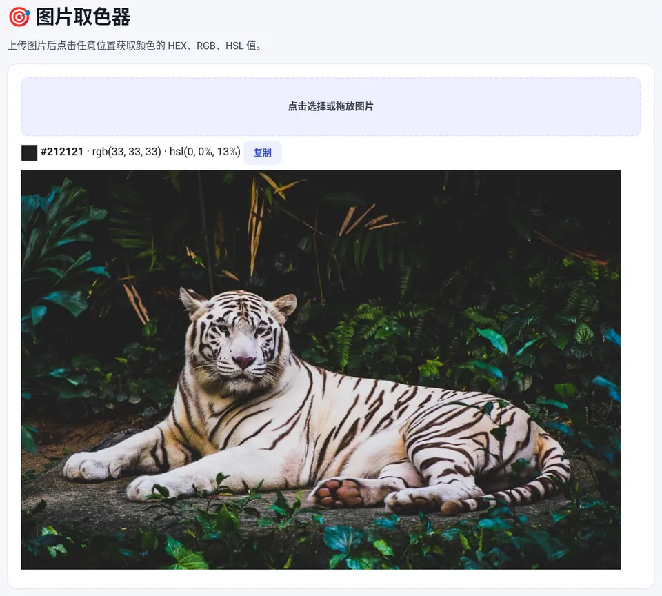上传图片后点击任意位置,获取该像素的 HEX、RGB、HSL 颜色值