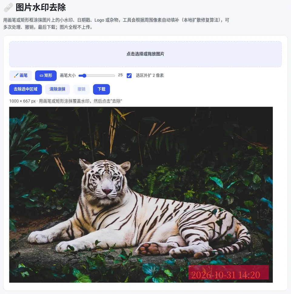 用矩形框住右下角的日期戳,然后点“去除选中区域”