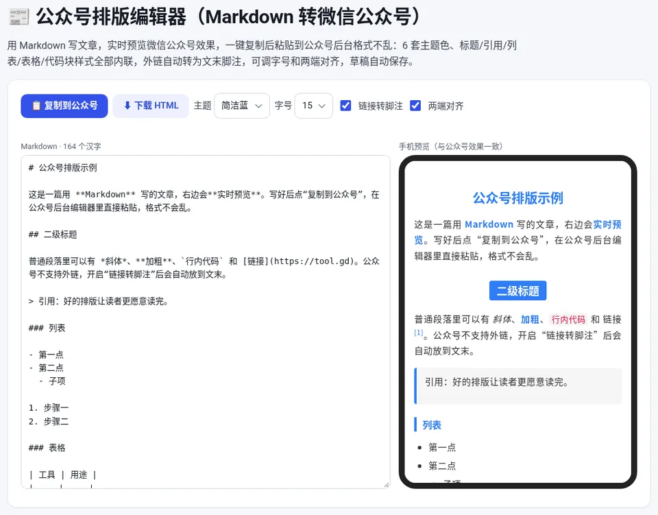 左侧写 Markdown,右侧手机预览公众号效果,顶部选择主题和字号